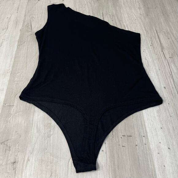 Flounce Club London Basic Plain One Shoulder Black Thong Bodysuit Sleeveless 6 - Picture 5 of 10